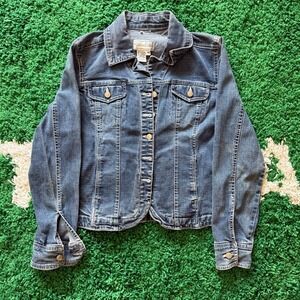 Live a Little Denim Jacket Women's Petite Medium Blue Wash Button Up